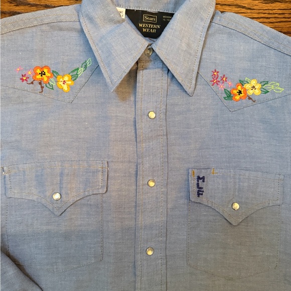 Vintage Sears Chambray Embroidered Western Shirt with Pearl Snaps sz M - Picture 5 of 14